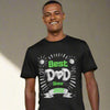 Male in early thirties wearing a black tshirt with graphicBest Dad tshirt make with white, green and black vintage undertones and colors the BEST and SINCE are in bold green print